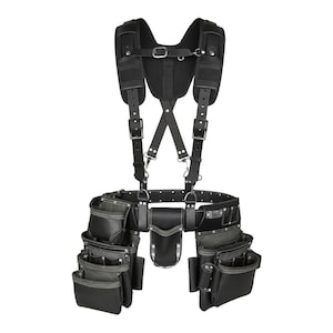 May include: Black leather tool belt with multiple pouches and a suspender system. The belt features various pockets of different sizes and shapes, designed for carrying tools. The suspenders cross in the back and connect to the belt.