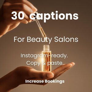 Puede incluir: Una botella de producto de belleza con un cuentagotas se sostiene en una mano. La imagen incluye el texto "30 leyendas Para salones de belleza Listas para Instagram. Copiar y pegar. Aumentar reservas."