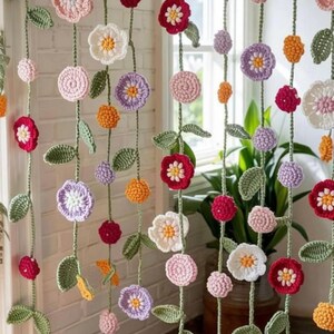 Cortina de flores de ganchillo / Decoración bohemia de flores silvestres hecha a mano para ventanas / Regalo del Día de la Madre para mamá / Panel de cortina de encaje floral / Decoración para el hogar estilo casa de campo