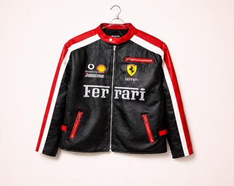 Vintage Ferrari Racing Jacket: Black Red Leather Moto Streetwear Coat