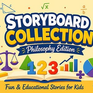 Peut inclure: Une illustration graphique intitulée STORYBOARD COLLECTION Philosophy Edition avec le sous-titre Fun & Educational Stories for Kids. Le design présente un livre ouvert central, des chiffres 123 colorés, une balance, un graphique et des symboles mathématiques.