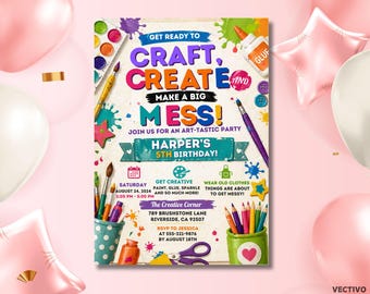 Art Birthday Party Invitation, Editable Messy Craft Template (Digital Download)
