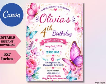 Editable Butterfly Birthday Invitation, Purple Girl Party Invite (Digital Download)