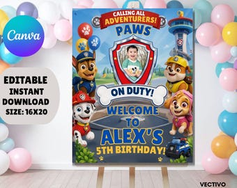 Customized Paw Patrol Birthday Welcome Sign – Editable Canva Party Decor (Instant Download)