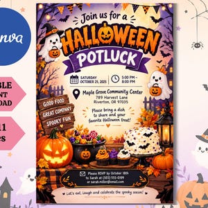 Może przedstawiać: Ulotka na Halloween potluck z dużą pomarańczową dynią, czarnym kociołkiem pełnym słodyczy, białym ciastem z dekoracjami w kształcie nietoperzy i dwoma duchami. Tekst brzmi Join us for a Halloween Potluck, sobota 25 października 2025, 17:00-20:00, Maple Grove Community Center, 789 Harvest Lane, Riverton, OR 97035, zawiera również informacje o RSVP.