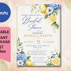 May include: Bridal shower invitation with floral and lemon accents. The design features blue hydrangeas, white flowers, and lemon slices. The invitation is 5x7 inches and includes the text "Please join us for a Bridal Shower" and event details.