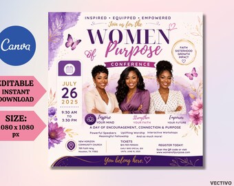 Plantilla para volante de la Conferencia de Mujeres de la Iglesia - Ministerio de Mujeres - Mes de la Mujer - Retiro de la Iglesia - Evento de Empoderamiento - Diseño floral rosa - Canva editable