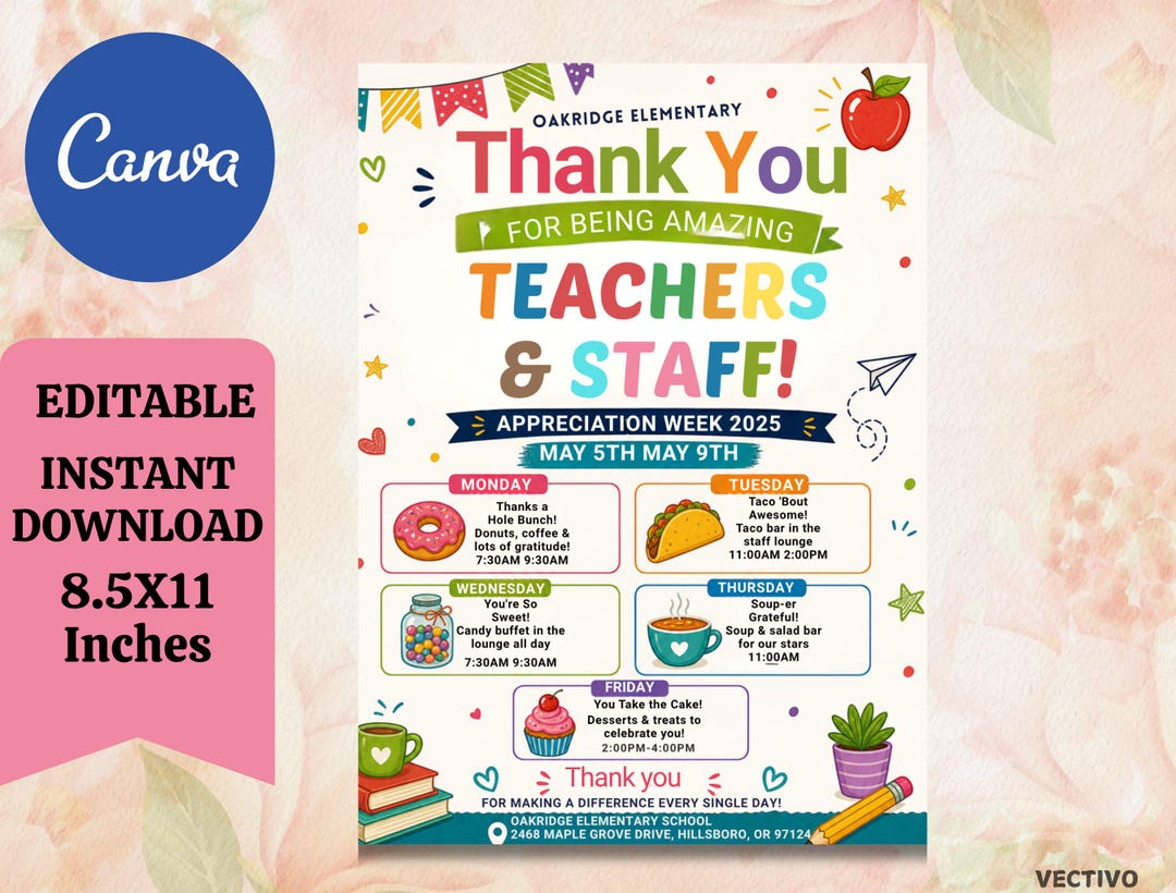 Editable Teacher & Staff Appreciation Week Itinerary Flyer (canva ...