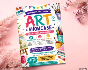 Bearbeitbarer Studenten-Kunstmessen-Flyer: Schul-Spendenaktions-Canva-Vorlage (Digitaler Download) | Bunt Leuchtend