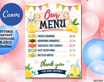 Editable Lemonade Stand Menu Printable, Kids Lemonade Pricing Sign, Canva