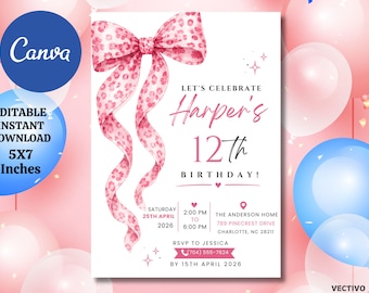 Pink Bow Birthday Invitation, Coquette Style, Editable Canva Template (Digital Download)