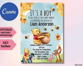 Winnie the Pooh Baby Shower Invitation Boy | Classic Pooh Invite | Editable Canva Template | Instant Download