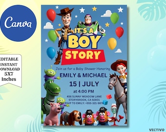 Toy Story Babypartyeinladung, Boy Story, bearbeitbare Vorlage (Digitale Datei)