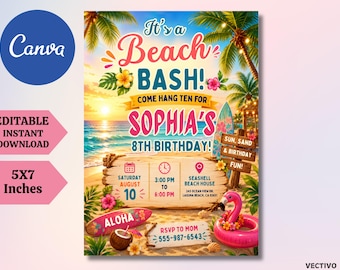Tropical Luau Birthday Invitation, Editable Canva Beach Bash Party Invite (Digital Download)