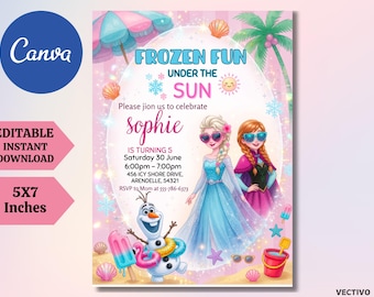 Frozen Fun Summer Birthday Invitation, Elsa Anna Olaf Pool Party Template (Instant Download)