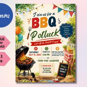 May include: A BBQ potluck invitation flyer measuring 21.59x27.94 cm. The design features a black charcoal grill with food, colourful bunting, and text including Join us for a BBQ Potluck, Saturday 12 July 2025, 5:00 PM, Pine Hollow Park, and RSVP details.