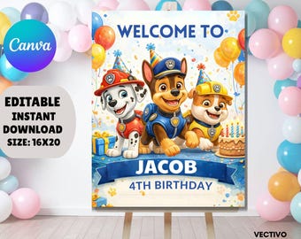 Editable Watercolor Puppy Birthday Welcome Sign (Instant Download)