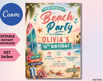 Pink Beach Birthday Invitation, Summer Ocean Party Invite, Editable Canva (Digital Download)