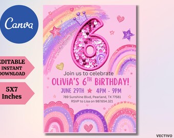 Editable Rainbow Sequin Glitter 6th Birthday Invitation (Digital Download)