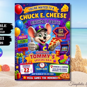 Pode incluir: Um modelo de convite de aniversário digital com Chuck E. Cheese segurando uma fatia de pizza e fazendo um sinal de positivo. O design inclui balões coloridos, caixas de presente, um calendário mostrando 22 de fevereiro de 2025 e detalhes.