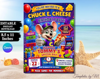 Chuck E. Cheese Birthday Invitation | Pizza Arcade Theme (Editable Digital Download 5x7" Canva Template)