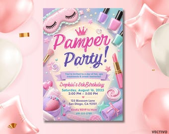 Editable Pamper Party Invitation: Neon Glow Spa Birthday (Digital Download)