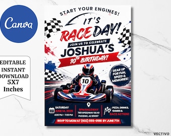 Go Kart Racing Birthday Invitation, Editable Canva Template (Digital Download)