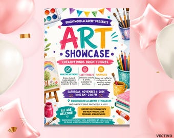 Editable Student Art Fair Flyer: School Fundraiser Canva Template (Digital Download) | Colorful Bright