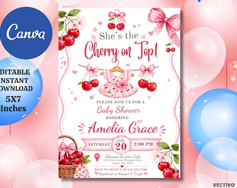 Cherry on Top Baby Shower Invitation, Pink Berry Girl Invite (Digital Download)