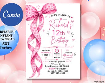 Pink Bow Birthday Invitation, Coquette Party Invite, Editable Canva Template (Digital Download)