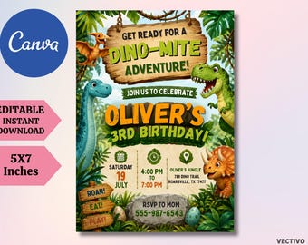 Editable Dinosaur Birthday Invitation, Three Rex Jungle Party Invite (Digital Download)