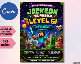 Mine Gaming Chicken Jockey Birthday Invitation, Personalized Pixel Craft Invitation (Digital Download)