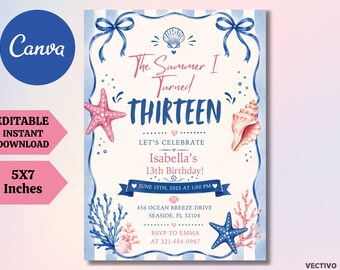 Invitación de cumpleaños "El verano en que me volví guapa" - Invitación de cumpleaños con temática costera - Fiesta en la playa (Plantilla imprimible y editable)