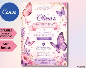 Butterfly Birthday Invitation, Purple Floral Girl Party Invite (Editable Canva Template)