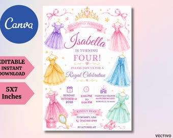 Princess Birthday Invitation: Watercolor Royal Celebration, Editable Canva Template (Instant Download)