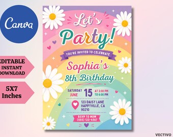 Groovy Daisy Rainbow Birthday Invitation, Pastel Party Invite (Digital Download)