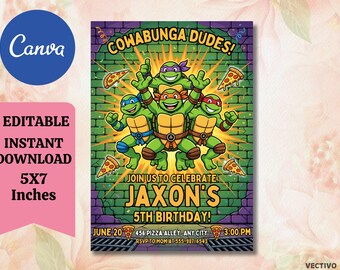 Editable Ninja Turtle Birthday Invitation: Kids Party Template (Digital Download 5x7in Canva Template)