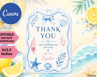 Coastal Birthday Favor Tag, Summer I Turned Pretty Thank You Label (Editable Canva Template)
