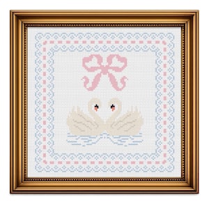 Swan Cross Stitch Pattern, Pink Bow, Coquette, Nursery decor, Vintage (PDF Downloadable)