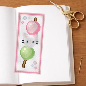 Zakładka do książki "Kot Dango" - wzór haftu krzyżykowego, japoński wzór Kawaii, zakładka DIY (do pobrania w formacie PDF)