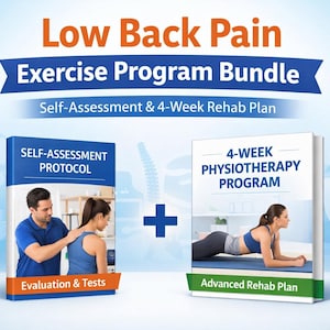 Könnte beinhalten: Ein Übungsprogramm-Paket für Rückenschmerzen. Das Bild zeigt zwei Bücher: "Selbsteinschätzungsprotokoll" und "4-Wochen-Physiotherapieprogramm". Das erste Buch zeigt einen Mann, der einer Frau hilft. Das zweite Buch zeigt eine Frau, die eine Übung macht.