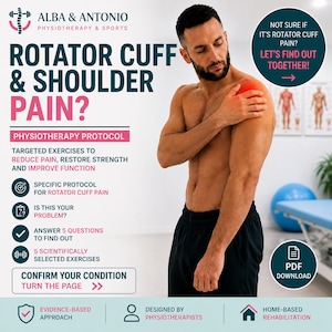 Könnte beinhalten: Werbung für Physiotherapie-Dienstleistungen. Das Bild zeigt einen Mann, der seine Schulter berührt, mit dem Text "Rotator Cuff & Shoulder Pain?" und "Physiotherapy Protocol". Die Anzeige wirbt für gezielte Übungen zur Schmerzlinderung und Funktionsverbesserung.