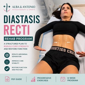 May include: Image promoting a diastasis recti rehab program. The image features a woman lying down, with text overlay indicating the program's focus on core strength and function. Key benefits include reduced abdominal separation, improved core stability, and restored function.