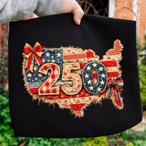 Può includere: Un oggetto in tessuto nero con un design patchwork della mappa degli Stati Uniti. La mappa è decorata con motivi rossi, bianchi e blu, tra cui stelle e strisce, e il numero "250". Fiocchi rossi e blu aggiungono accenti decorativi.