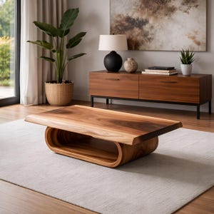 Tavolino da caffè centrale moderno in legno massello con vano portaoggetti inferiore.