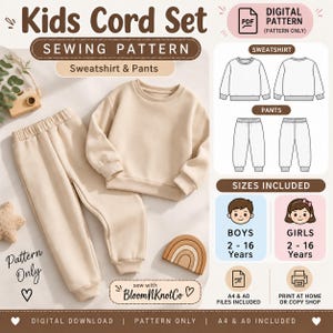 May include: A digital sewing pattern for a kids' cord set including a sweatshirt and trousers. The image displays a beige long-sleeve sweatshirt and matching trousers, technical line drawings, and text indicating sizes for boys and girls 2-16 years.