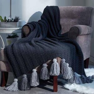 Patrón de manta de crochet para principiantes: Manta con borlas, lujo moderno (PDF) (Descarga instantánea)