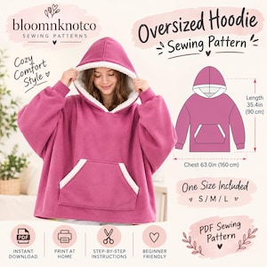 May include: An oversized magenta hoodie with a white sherpa-lined hood and a large front pocket. A diagram shows a length of 90 cm and a chest width of 160 cm. Text includes bloomnknotco Sewing Patterns, Oversized Hoodie Sewing Pattern.