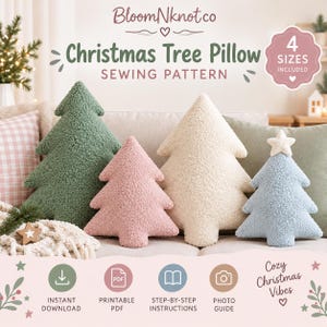 Peut inclure: Un patron de couture numérique pour un coussin en forme de sapin de Noël par BloomNknot.co, incluant 4 tailles. L'image montre quatre coussins texturés en sherpa en forme de sapin, de couleurs vert, rose, crème et bleu, avec une étoile.