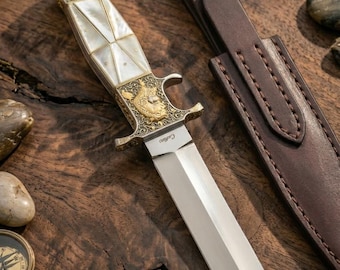 Handmade Hunting Knife, Engraved Brass Guard, Pearl Handle, Leather Sheath